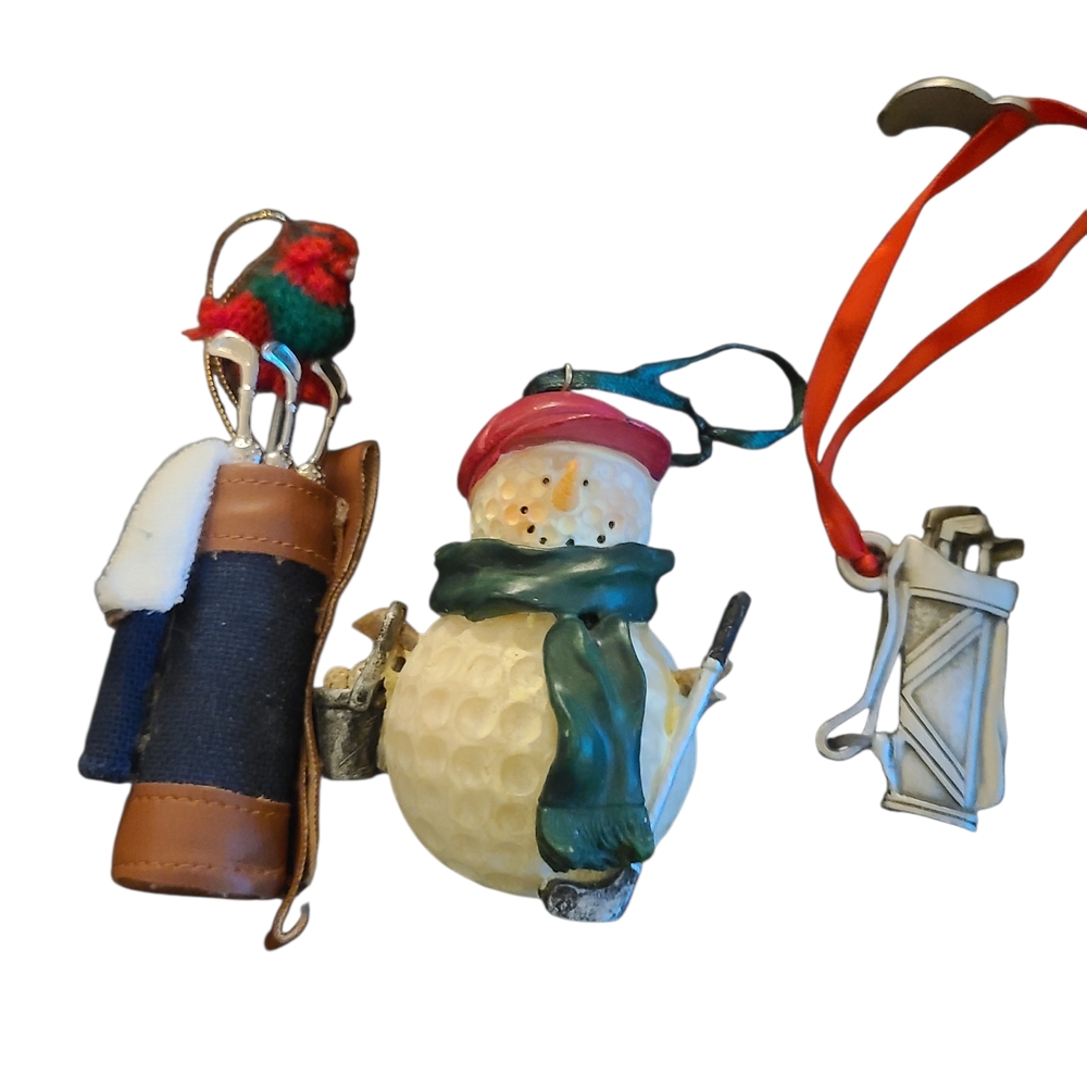 Vintage Tree Ornaments Golf Theme‎ Snowman Bags Of Clubs Set Of Three